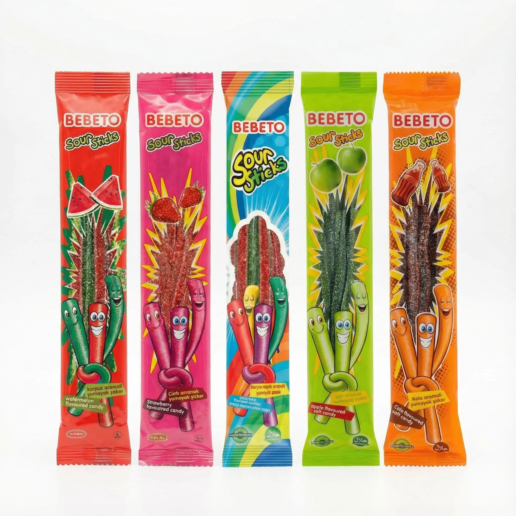 Bebeto Sour Sticks Assorted Flavours Bundle – Watermelon, Strawberry, Mix Fruit, Apple & Cola (5 pcs)